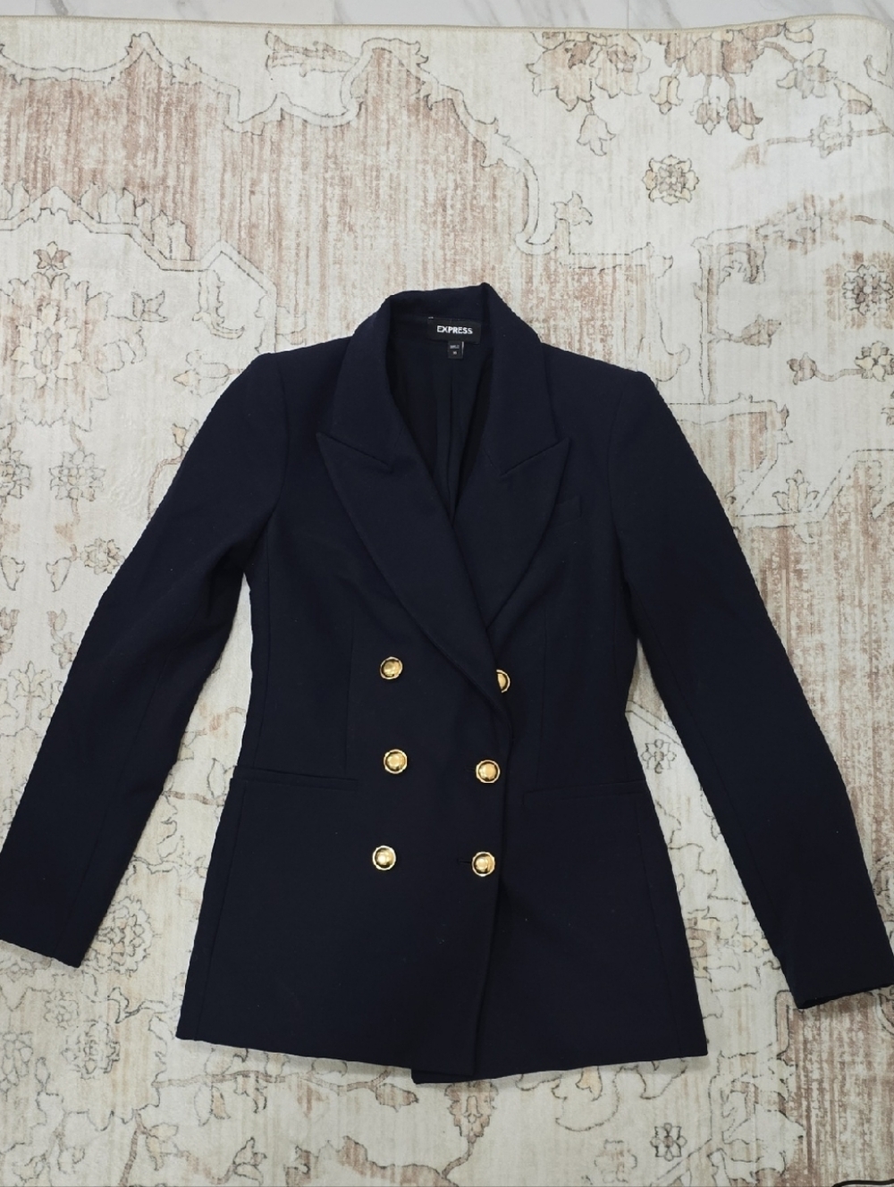 Express Navy Double-Breasted Blazer with Gold Buttons